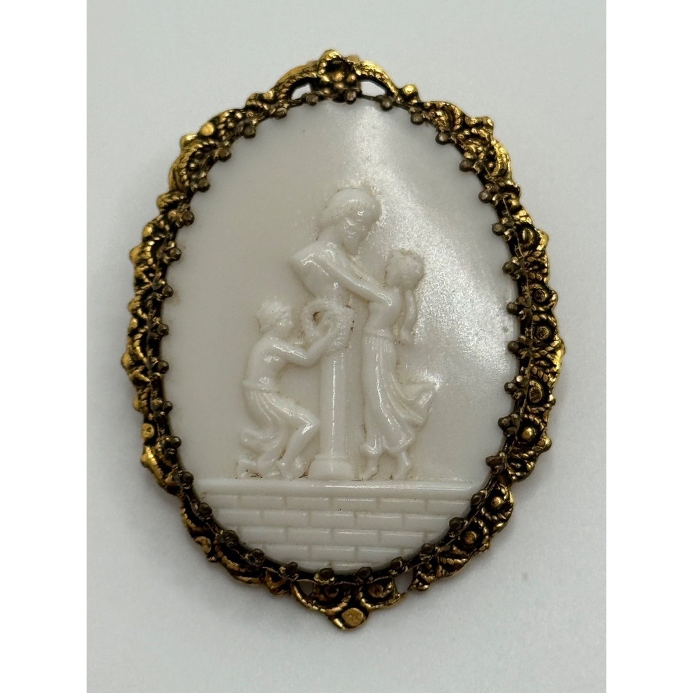 Vintage‎ Molded Cameo Woman & Man With Bust on Pedestal Brooch